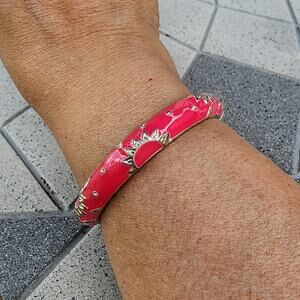 Silver Tone Magenta Pink Enamel Sunburst Bangle Bracelet Boho Statement